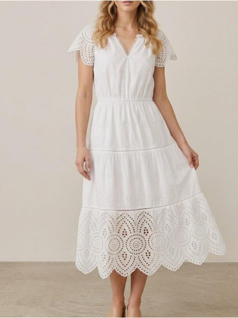 White Eyelet 100% Cotton Midi Dress Flutter Sleeve Size Small Fits Medium